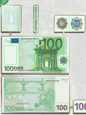 Банкнота 100 евро  защитные признаки